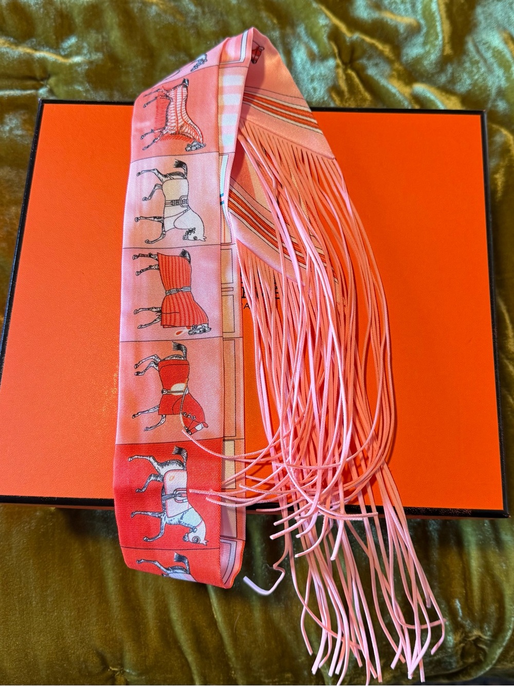 Silk and Leather Fringe twilly for H bag Birkin Kelly